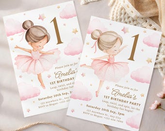 Ballerina 1st Birthday Invitation, Pink Ballerina Invite, Ballet Birthday Invitation Template, Printable Ballerina Party Invite Editable