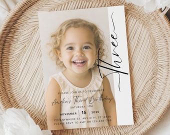 Editable Third Birthday Invitation 3rd Birthday Party Invite Minimalist Boho 3rd Birthday Girl Birthday Boy Instant Digital Download
