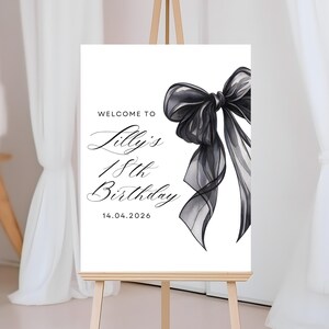 18th Birthday Welcome Sign Template, Black Bow Birthday Decor, Coquette Black Ribbon Sign, Editable Canva template