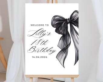 18th Birthday Welcome Sign Template, Black Bow Birthday Decor, Coquette Black Ribbon Sign, Editable Canva template