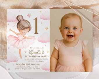 Ballet First Birthday Invitation with Photo, Editable Girl 1st Birthday Party Evite, Instant Digital Download Canva Template