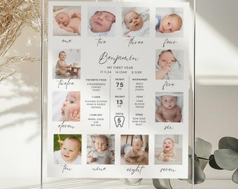 Cartello per il primo compleanno, poster minimalista stampabile per il primo anno del bambino, modello di collage fotografico, bacheca modificabile per il primo compleanno