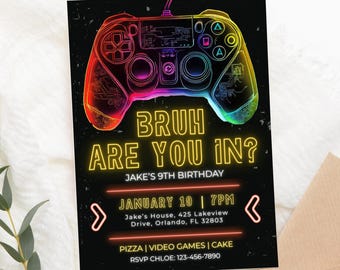 Bruh Dich das auf? Videospiel-Geburtstagsfeier-Einladung, Teenager-Junge-Geburtstagseinladung, Arcade-Party-Einladung, Neon-Glühen-Einladung bearbeitbare Canva