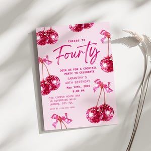 40th Birthday Invitation Template, Editable Cherry Fourty Invite, Minimalist 40th Invite, 40th Cherry Bow Invite, Elegant Invite, Any Age