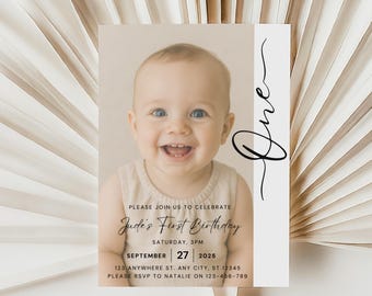 Editable 1st Birthday Invitation, 1st Birthday Party Invite Minimalist Boho First Birthday Girl Birthday Boy Instant Digital Download