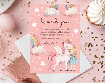 Editable Unicorn Thank You Card, Magical Girl Birthday Template, Pastel Rainbow Party Printable, Unicorn Birthday Digital Download