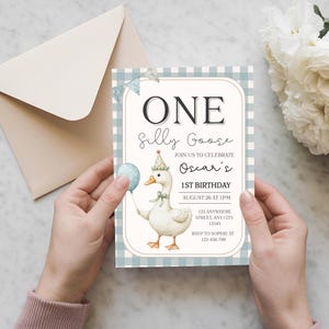 May include: A birthday invitation featuring a cartoon goose holding a balloon, wearing a party hat, and the text "ONE Silly Goose." The invitation is on a blue and white checkered background, with details for the party.