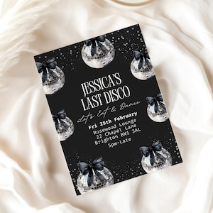 Last Disco Bachelorette Invitation Template, Retro Hens Do Party Invitation, Black Bow Ribbon Bridal Shower Invite
