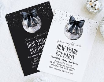 Plantilla de invitación para fiesta de Nochevieja, editable, plateada, imprimible, descarga instantánea.