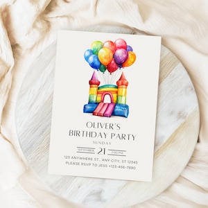 Kids Birthday Invitation Template Bounce House, Girl Bounce Jump and Play Outdoor Bouncy Castle Bday Party Invite Editable Template