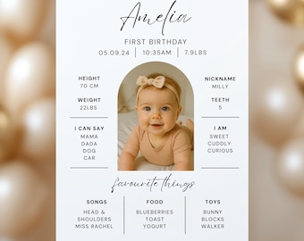 Cartello minimalista per il primo compleanno, poster stampabile per il primo anno del bambino, modello di collage fotografico, bacheca modificabile per il primo compleanno.