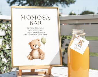Placa para Bar de Mimosa, Placa para Estação de Bebidas de Chá de Bebê com Ursinho de Pelúcia, Decoração Editável para Estação de Bebidas no Canva, Placa Imprimível para Festa de Brunch