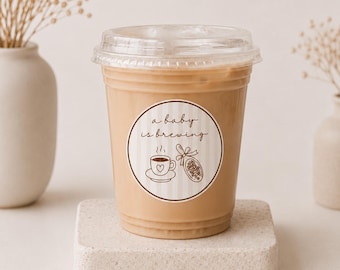 Editable Baby Shower Coffee Bar Stickers Template, Canva Round 2x2 Inch Labels, A Baby Is Brewing Favor Stickers, Printable Coffee Cup Label
