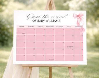 Guess the Arrival Baby Shower Game Sign, Baby Prediction Calendar Template, Editable Canva Due Date Calendar, Pink Bow Baby Shower Decor