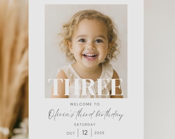 3rd Birthday Milestone Welcome Sign, Editable Canva Template with Custom Photo, Printable Party Sign for Boy or Girl