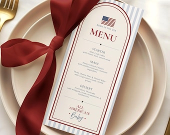 Modelo de cardápio para chá de bebê com tema patriótico americano, cartão de menu editável no Canva, menu para marcar lugar à mesa com tema dos EUA, decoração de mesa para chá de bebê para imprimir