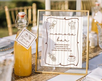 Baby Is Brewing Mimosa Bar Sign, Coffee Baby Shower Drink Station, Editable Canva Template, Mimosa Bar Juice Labels, Printable Baby Shower