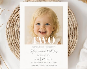 Editable 2nd Birthday Invitation, Second Birthday Party Invite Minimalist Boho First Birthday Girl Birthday Boy Instant Digital Download