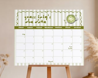 Matcha Baby Shower Due Date Calendar Sign, Editable Canva Due Date Prediction Calendar, Printable Baby Shower Game, Guess Baby's Due Date