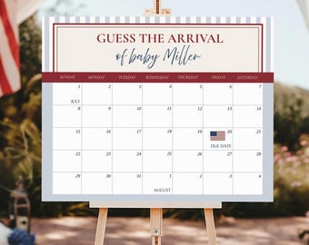Modelo de placa "Adivinhe a Chegada" totalmente americano, calendário editável do Canva para data prevista do parto, jogo de palpite patriótico para chá de bebê, chá de bebê com tema dos EUA