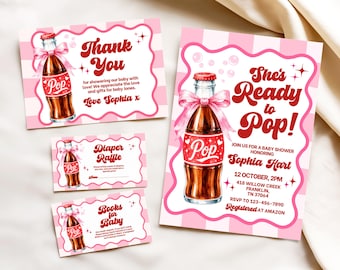 Editable Baby Shower Invitation Bundle, She's Ready to Pop Canva Template, Pink Girl Baby Shower Games, Thank You Card Digital Download