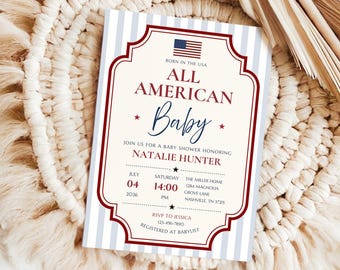Convite para Chá de Bebê Patriótico Americano, Modelo Canva para Chá de Bebê, Convite Editável com Tema dos EUA, Convite Imprimível para Chá de Bebê do Quatro de Julho