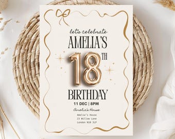 18. Geburtstag-Party Einladung, achtzehn Geburtstag einladen, Geburtstags-Party einladen, achtzehnte Party Einladung, Gold elegante 18.Feier