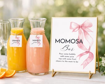 Mimosa Bar Sign Template, Baby Shower Mimosa Bar, Editable Mimosa Station Sign, Juice Labels, Pink Bow Baby Shower Decor, Drink Station