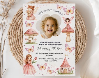 Editable Fairy Birthday Invitation Pastel Floral 1st Birthday Invite Wildflower Garden Tea Party Printable Canva Template