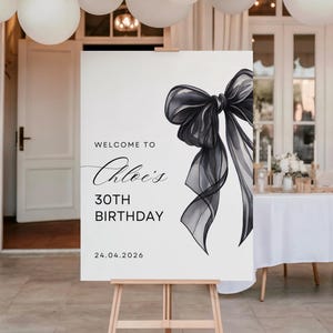 Black Bow Birthday Welcome Sign Template, 30th Birthday, Coquette Black Bow Sign, Printable Minimalist Black Ribbon Birthday Sign Download