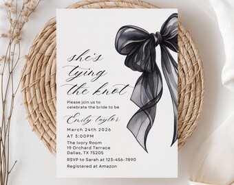 She's Tying the Knot Bridal Shower Invitation Template, Editable Black Bow Ribbon Bridal Shower Invite, Bachelorette Party Invite, Printable