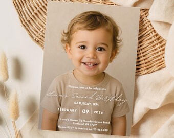 Editable 2nd Birthday Invitation, Second Birthday Party Invite Minimalist Boho First Birthday Girl Birthday Boy Instant Digital Download