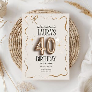 40th Birthday Party Invitation, Fortieth Birthday Invite, Birthday Party Invite, Fourty Party Invitation, Gold Elegant 40th Celebration