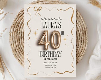 Invito per festa di compleanno del 40° compleanno, invito per quarantesimo compleanno, invito per festa di compleanno, invito per festa del 40° compleanno, elegante celebrazione del 40° compleanno in oro