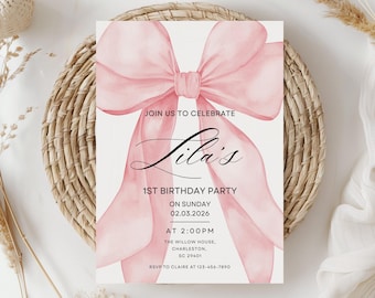Pink Bow Birthday Invitation, Girl Pink Birthday Invite, Coquette Pink Bow Invitation, Pink Girl Ribbon Birthday Invitation Digital Download