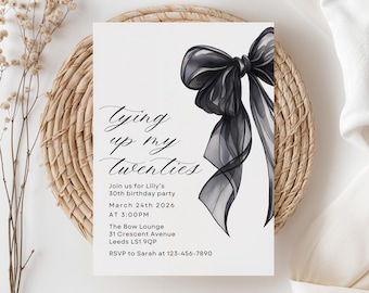 Invitación para el 30 cumpleaños de "Ella está atando sus veintes", invitación con lazo negro, invitación para el 30 cumpleaños, cumpleaños coqueto, descarga instantánea