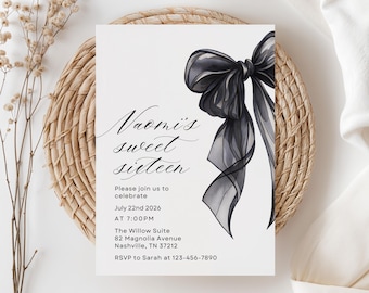 Sweet 16 Birthday Invitation, Black Bow Coquette Design, Bow Sweet Sixteen Invitation, Elegant 16th Birthday, Sixteenth Birthday Invite