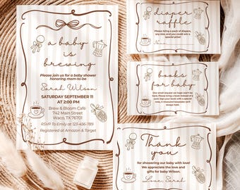 A Baby Is Brewing Baby Shower Invitation Set, Editable Canva Template, Diaper Raffle, Books for Baby & Thank You Card, Printable Download