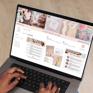以下が含まれることがあります： ピンクと白を基調としたEtsyショップのウェブサイトを表示するラップトップ。ショップ名が表示され、「How It Works」と「How to Order」というセクションがあります。ウェブサイトには手作りの工芸品の画像と「choose to shine」というテキストが表示されています。