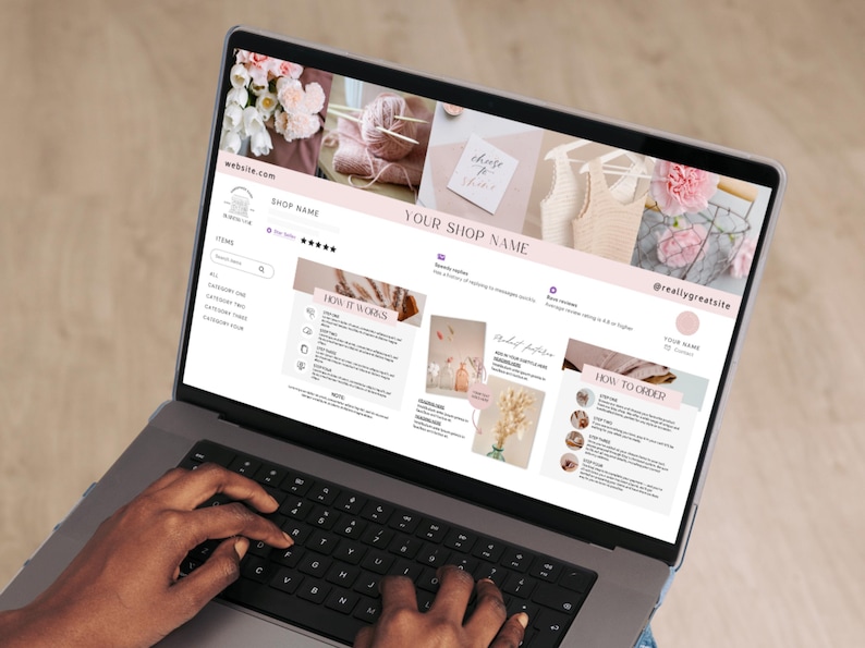 以下が含まれることがあります： ピンクと白を基調としたEtsyショップのウェブサイトを表示するラップトップ。ショップ名が表示され、「How It Works」と「How to Order」というセクションがあります。ウェブサイトには手作りの工芸品の画像と「choose to shine」というテキストが表示されています。