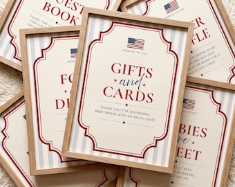 Pacote de Placas para Chá de Bebê com Tema Americano, Mais de 10 Modelos Editáveis em Canva, Decoração Imprimível para Chá de Bebê, Placas Patrióticas para Festa com Tema dos EUA