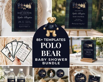 Kit para Chá de Bebê com Tema de Ursinho de Pelúcia, Modelos Editáveis do Canva, Decorações Xadrez para Chá de Bebê, Chá de Bebê para Menino, Jogos e Decoração para Festa, Urso Polo