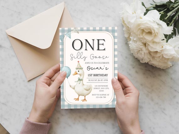 1st Birthday Silly Goose Invite, 1st Birthday Editable Invitation Mockup, Kids Party Invitation, Silly Goose Birthday, Digital Download