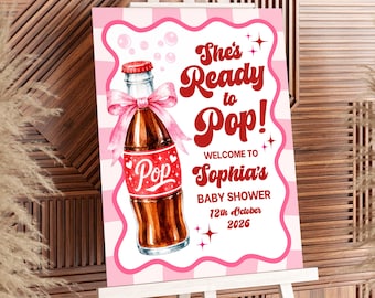 She's Ready to Pop Welcome Sign, Editable Canva Baby Shower Welcome Poster, Pink Soda Pop Party Sign, Printable Baby Sprinkle Entrance Sign