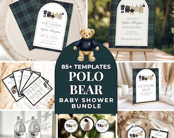 Kit Chá de Bebê Ursinho de Pelúcia Estilo Preppy, Modelo de Convite Editável no Canva, Decorações para Chá de Bebê Inspiradas em Polo, Jogos para Chá de Bebê de Menino