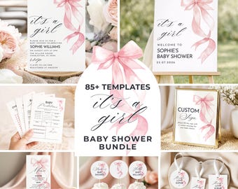Pink Bow Baby Shower Bundle, It's a Girl Baby Shower Decorations, Editable Canva Templates, Printable Shower Games & Invitation Suite