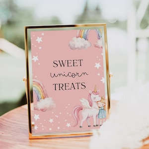 Editable Unicorn Sweets and Treats Sign, Pastel Rainbow Party Decor, Custom Girl Unicorn Birthday Printable, Kids Dessert Table Sign