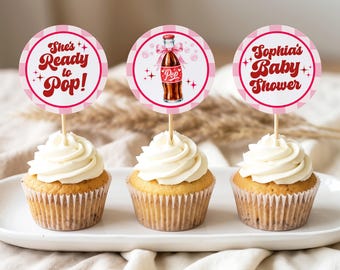 She's Ready to Pop Baby Shower Cupcake Toppers, Editable Canva Template, Pink Soda Pop Party Decor, Printable Dessert Toppers