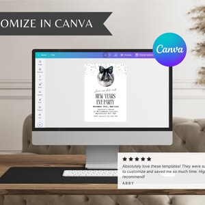 May include: A computer screen displays a New Year's Eve party invitation template. The design features a black and white disco ball with a bow. The Canva logo is visible. Text on the screen reads "Customize in Canva."
