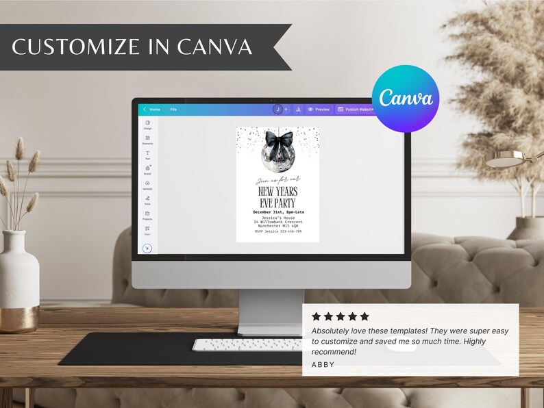 May include: A computer screen displays a New Year's Eve party invitation template. The design features a black and white disco ball with a bow. The Canva logo is visible. Text on the screen reads "Customize in Canva."